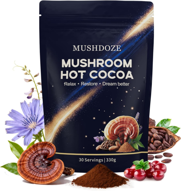 Mushroom Hot Cocoa - Melatonin Sleep Aid Hot Chocolate for Adults, Natural Hot Cocoa for Adults with Reishi Mushroom, L-Theanine & Zinc Glycinate, Sleep Support Mushroom Coffee, 330g